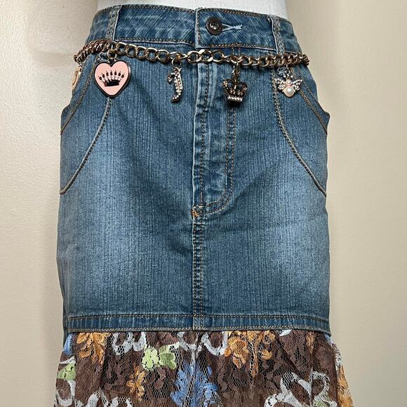 Vintage y2k denim skirt with boho lace floral - Picture 2 of 5